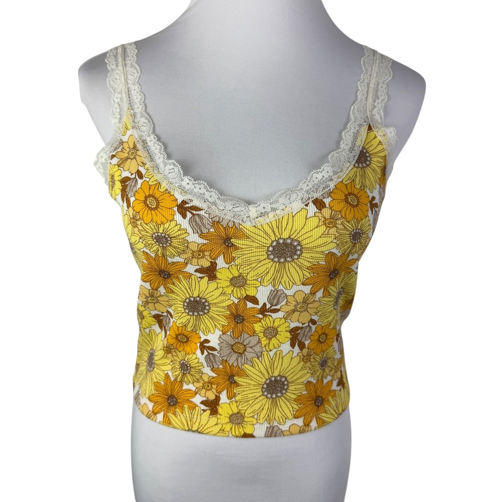 Forever 21 Women's Junior Large‎ Yellow Sunflower Floral Lace Trim Camisole Top